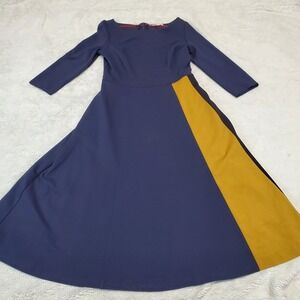 Boden Navy Blue Yellow Black Stripe Artsy Office Classic 3/4 Sleeve Dress 4 P